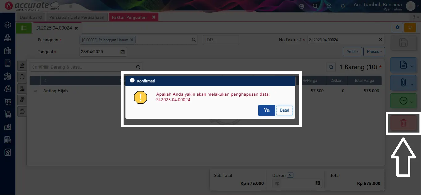 Menghapus Faktur Penjualan